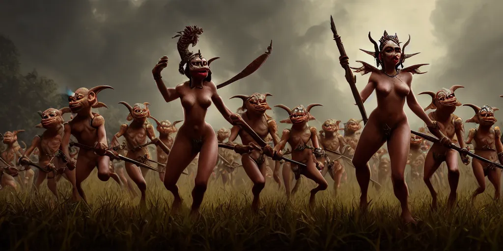 Prompt: painting of beautiful goddess leading an army of goblins, hyper - realistic, unreal engine, octane render, digital art, trending on artstation, 8 k, detailed, atmospheric, immaculate