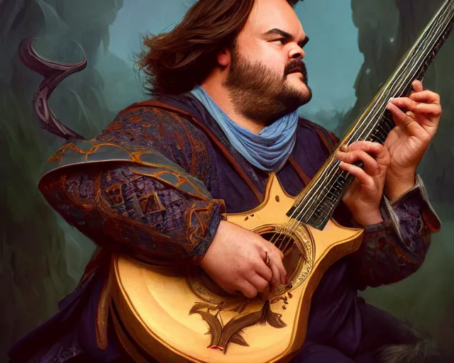 Prompt: photography of jack black as a bard with a guitar singing 8 k, deep focus, d & d, fantasy, intricate, elegant, highly detailed, digital painting, artstation, concept art, matte, sharp focus, illustration, hearthstone, art by artgerm and greg rutkowski and alphonse mucha