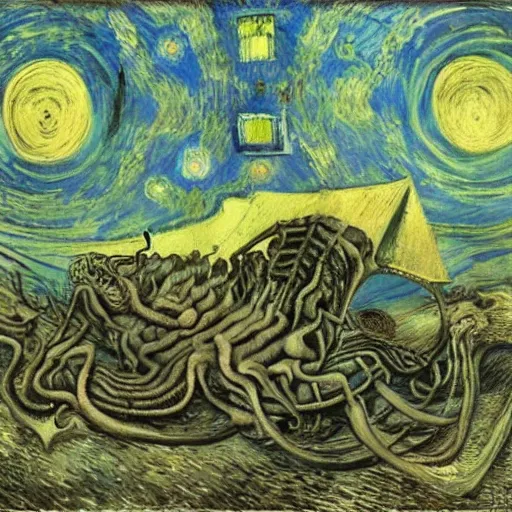 Image similar to a dream by giger, jorodowski, dali, van gogh, Albert Briesbardt