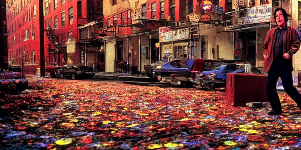 Prompt: award winning photo of BILL HICKS TRIPPING ON LSD in new york, vivid colors, happy, symmetrical face, beautiful eyes, studio lighting, wide shot art by gregory crewdson and francis bacon