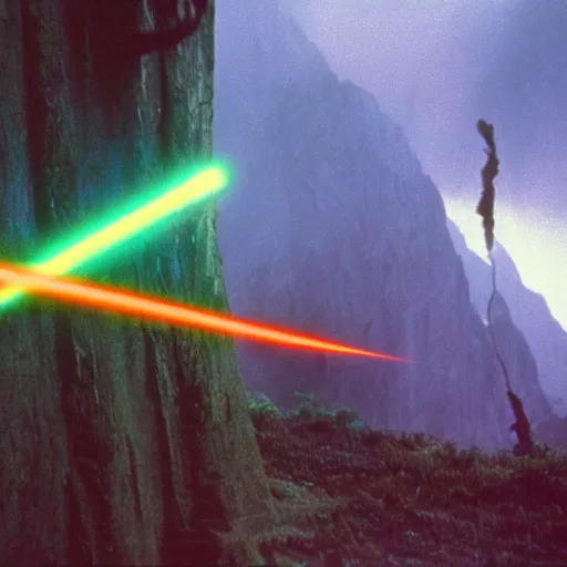 Image similar to 35mm film still jedi training with laser sword on an epic mountain, blade runner set in a rainy tropical forest, cool colors, moody, by Alex grey