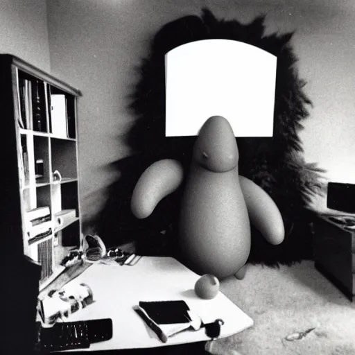 Prompt: disposable camera photos of a very large homunculus being grown on the desk in a bedroom, taken in 1990