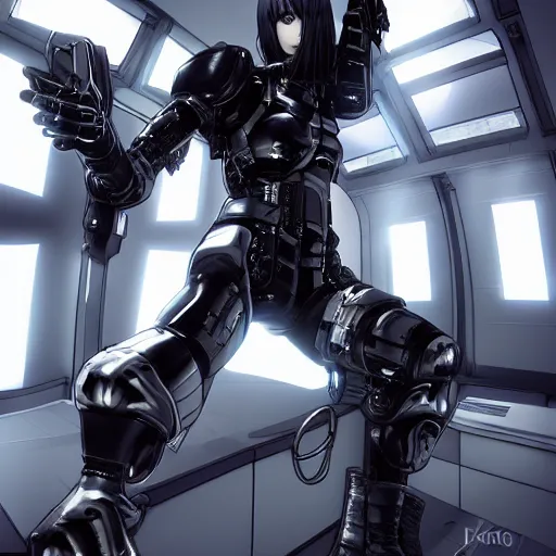 Image similar to a portrait of a manga character in a futuristic room, black and shiny cyber armor, handling a gun, highly detailed, render, vray, octane, realistic lighting, by nihei tsutomu