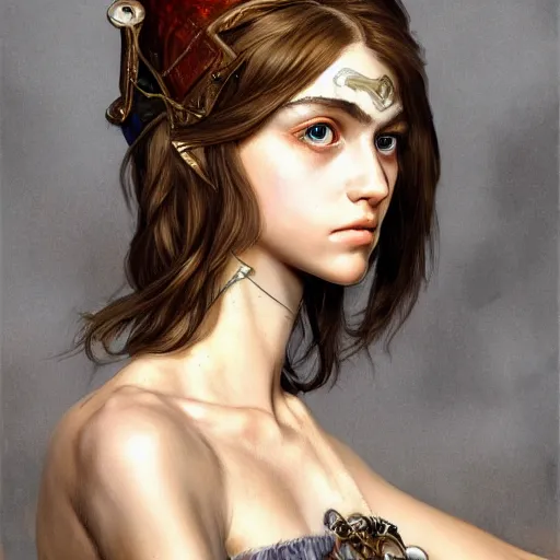 Image similar to high quality high detail portrait of a young gorgeous female warlock looking away from the camera, detailed eyes, no hands visiblefantasy, d & d, painting by lucian freud and mark brooks, hd