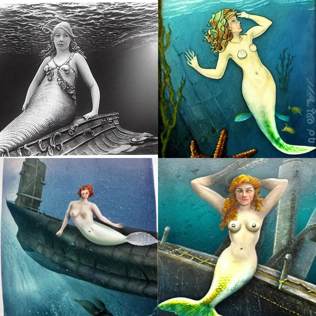 Prompt: a mermaid on the wreck of the titanic, realistic