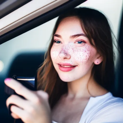 Image similar to a beautiful cute young woman takes a photo of herself, sitting in her car, flushed face, red blush, light freckles, big puffy lips, smiling softly, soft features, 8 k, sharp focus, instagram, portra 4 0 0