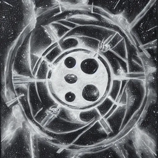 Image similar to ascending battle tank heavy armor blasting with yin - yang black and white symbol daoist paint, pencil painting in a cosmic field