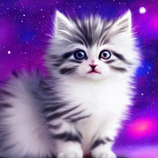 Prompt: cute fluffy kitten with purple cyan and white tabby fur and big eyes with night sky background detailed painting 4k