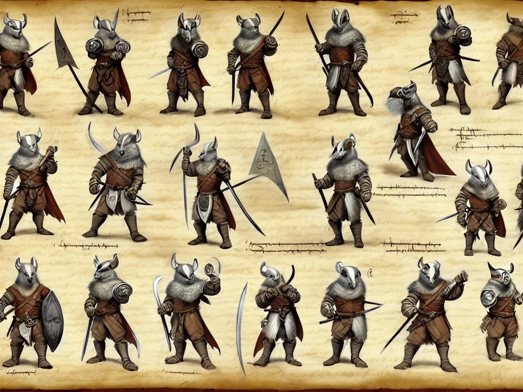 Image similar to character design sheet for a group of heroic badger knights on a parchment background, redwall, greg rutowski and jean baptiste monge, very very detailed, epic fantasy concept art