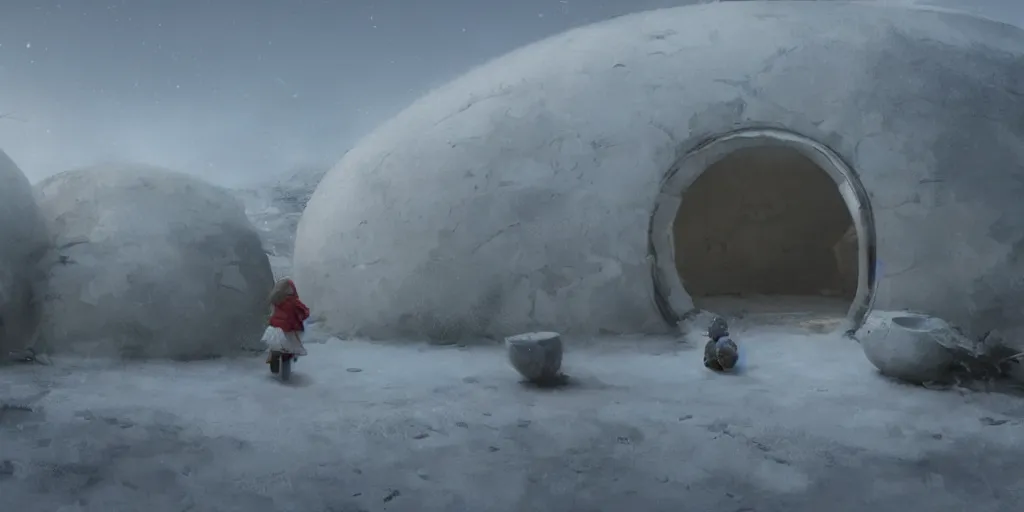 Image similar to young girl back to us in front of an round igloo in the tundra,, mysterious matte painting by ruan jia and craig mullins, trending on artstation