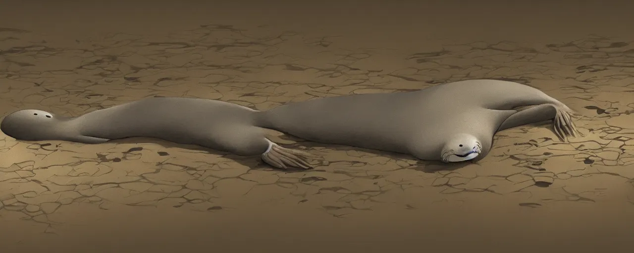 Prompt: a clean seal skeleton in river mud, goro fujita, studio ghibli, rim light, sad lighting, dark lighting, clear focus, very coherent