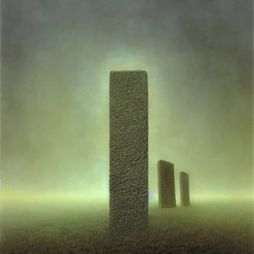 Prompt: arm reaching out of thick fog, 6 stelae pointing down from the sky, not connected to the ground, zdzislaw beksinski