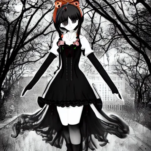 Image similar to beautiful android gothic lolita standing in a city taken over by nature , theme of sadness, melancholy, and dark beauty, high exposure