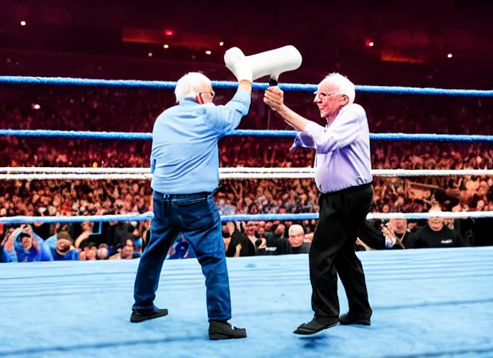 Image similar to photo still of bernie sanders in the ring at wrestlemania 3 6!!!!!!!! at age 7 8 years old 7 8 years of age!!!!!!! with a t - shirt gun, 8 k, 8 5 mm f 1. 8, studio lighting, rim light, right side key light