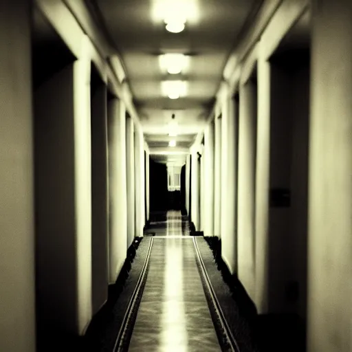 Prompt: liminal space, low light, hotel hallway, empty, abandoned, spooky, low light, long hallways
