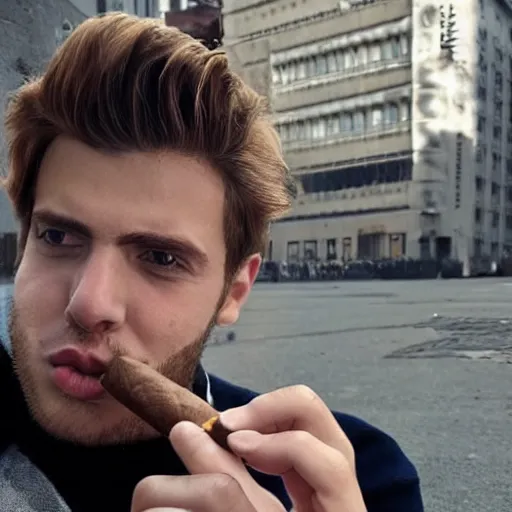 Prompt: a closeup photo of handsome gigachad elrubius smoking a cigar