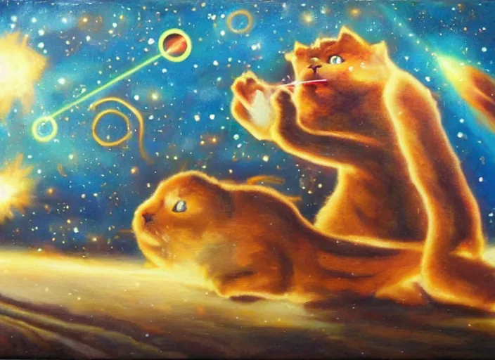 Prompt: giant cat shooting laser beams made of potato, in space, oil painting, detailed