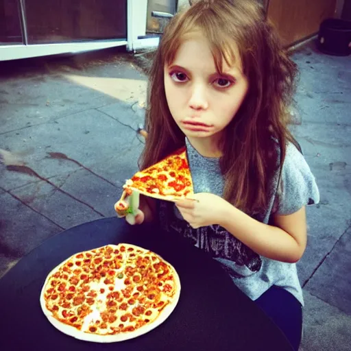 Image similar to emo girl eating pizza and cheerios for lunch