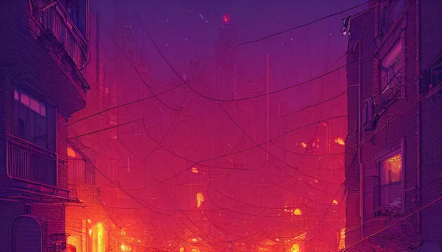 Prompt: an alley of a utopian city at night by moebius and kilian eng, atmospheric, fine details, vivid, neon, masterpiece