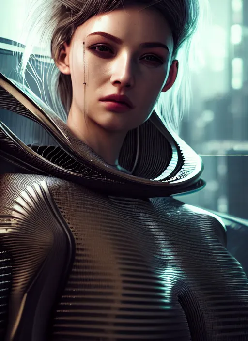 Image similar to 3 / 4 portrait, emma bot queen, futuristic fashion clothing, bio enhanced, brunette, long hair, id magazine, hyperrealism, detailed textures, photorealistic, 3 d cyberpunk apocalyptic city, ultra realistic, cinematic, intricate, cinematic light, unreal engine 8 k, octane render, unreal engine, david kostic, artgerm