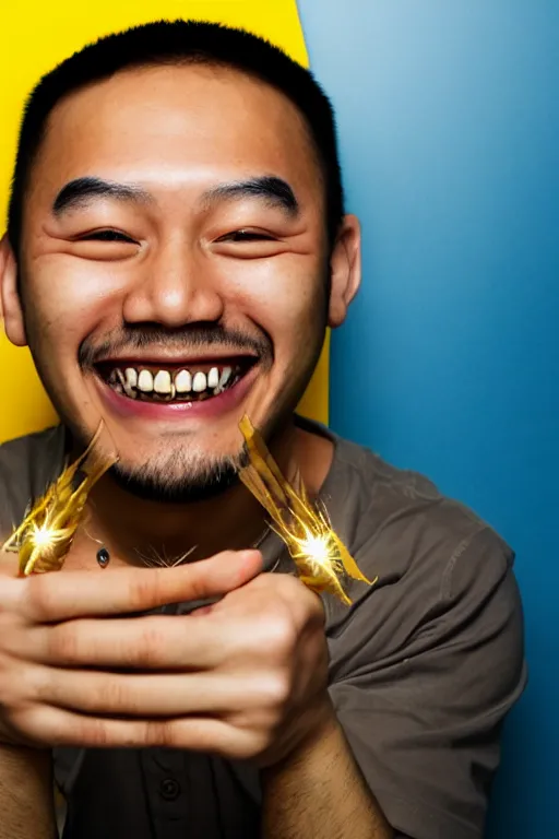 Prompt: portrait of asian hacker grinning with gold teeth and a lightning bolt face tattoo