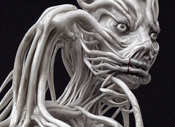 Image similar to stylized shiny polished silver statue full body extra limbs bizarre cosmic horror demonic demon made of marble of slug creature tendrils, perfect symmetrical body, perfect symmetrical face, hyper realistic, hyper detailed, by johannen voss, by michelangelo, octane render, blender, 8 k, displayed in pure white studio room