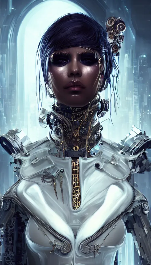 Image similar to soft lustrous ebony ivory biotech raver gutter punk gothic cyborg, golden ratio, details, scifi, fantasy, cyberpunk, intricate, decadent, highly detailed, digital painting, octane render, artstation, concept art, smooth, sharp focus, illustration, art by artgerm, loish, wlop