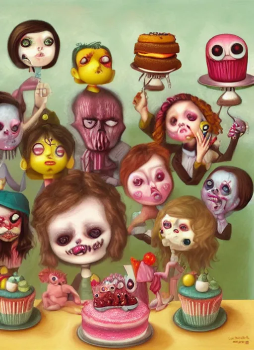 Image similar to fnafs eating cakes painted by mark ryden, detailed digital art, trending on Artstation