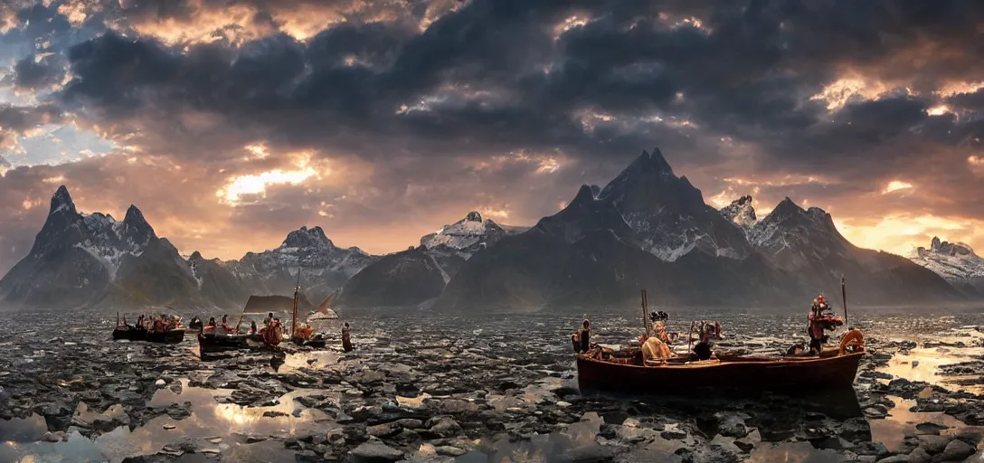 Prompt: vikings sailing on a glacial lake, landscape photography by marc adamus, mountains, sunset, dramatic lighting, glacial lake clouds, beautiful,