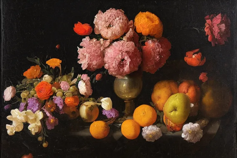 Image similar to still life in space, with flowers and fruit, in the style of the dutch masters, dark and moody