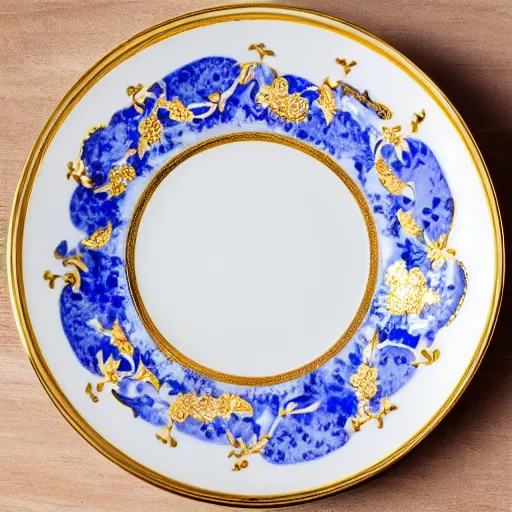 Prompt: photograph of a beautiful china saucer, rimmed with gold, decorated with white and blue flowers, high quality, hd, cinematic lighting, ring lighting, hung on a wall