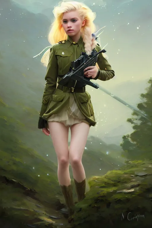 Image similar to cinematic shot of an epic portrait of a cute blonde fairy dressed in military clothes, stylised military clothes, shiny skin, beautiful eyes, beautiful, small details, night setting, realistic poster with volumetric light from craig mallism, artgerm, jeremy lipkin and michael garmash, unreal engine, radiant light, digital art, trends at art station, a masterpiece