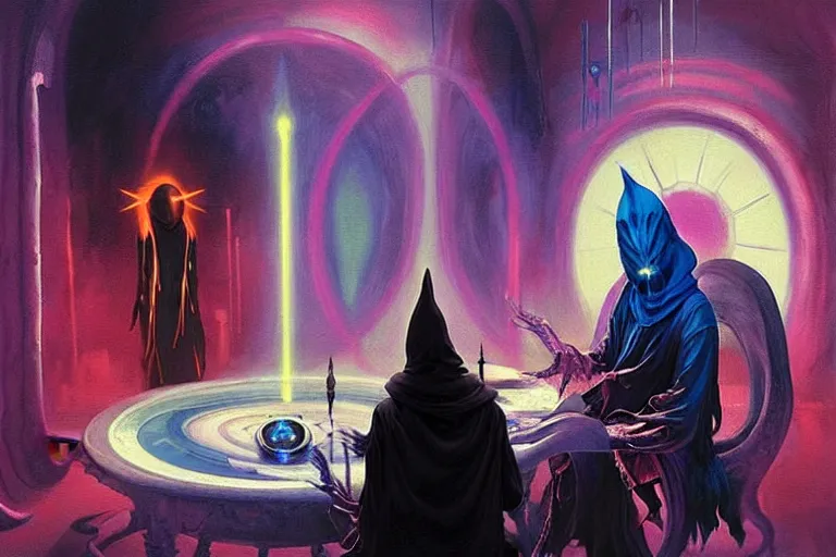 Image similar to A beautiful-masterpiece-painting of a technomancer-wizard-in-robes-with-pointed-hood discussing-sentience with his synthesized-Al-djinn in his laboratory near a computer (by Remedios Varo and Anato Finnstark and Greg Rutkowski), (dayglo pink, dayglo blue, dazzle camouflage), 8k, trending on ArtStation