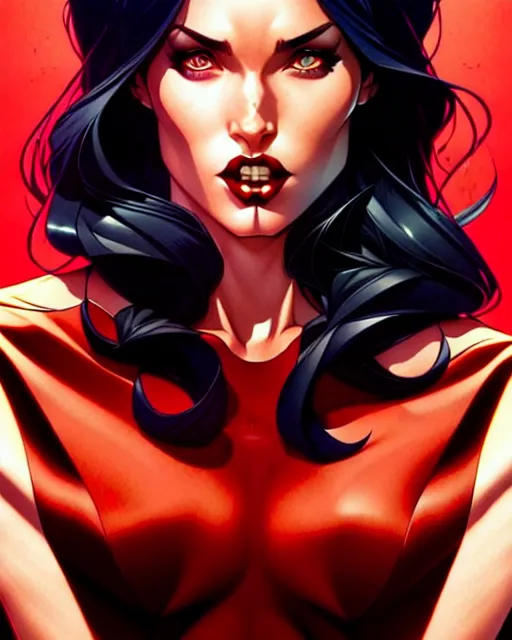 Image similar to artgerm, joshua middleton comic cover art, full body pretty megan fox vampire sharp teeth, red dress, symmetrical eyes, symmetrical face, long curly black hair, dark castle background background, cinematic lighting