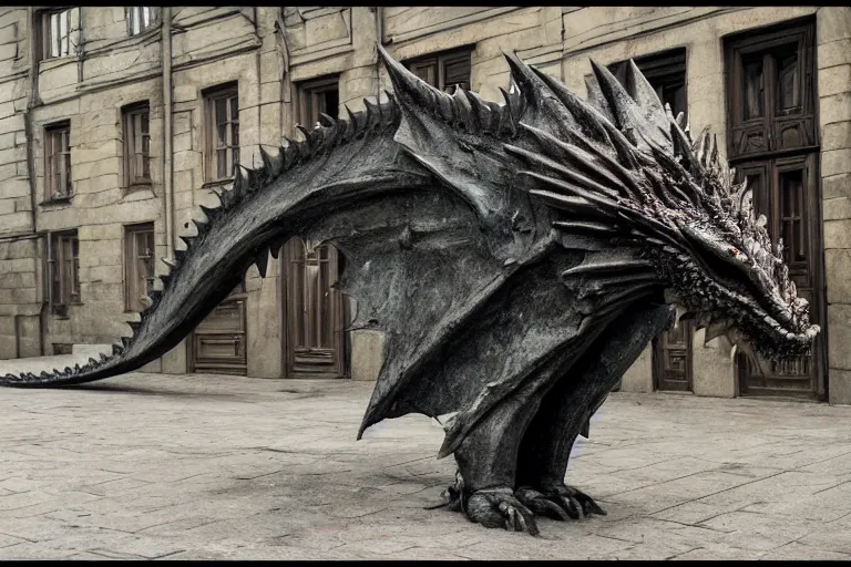 Image similar to photo of sad dragon from game of thrones on the sreets of depressive soviet russia, photorealism,