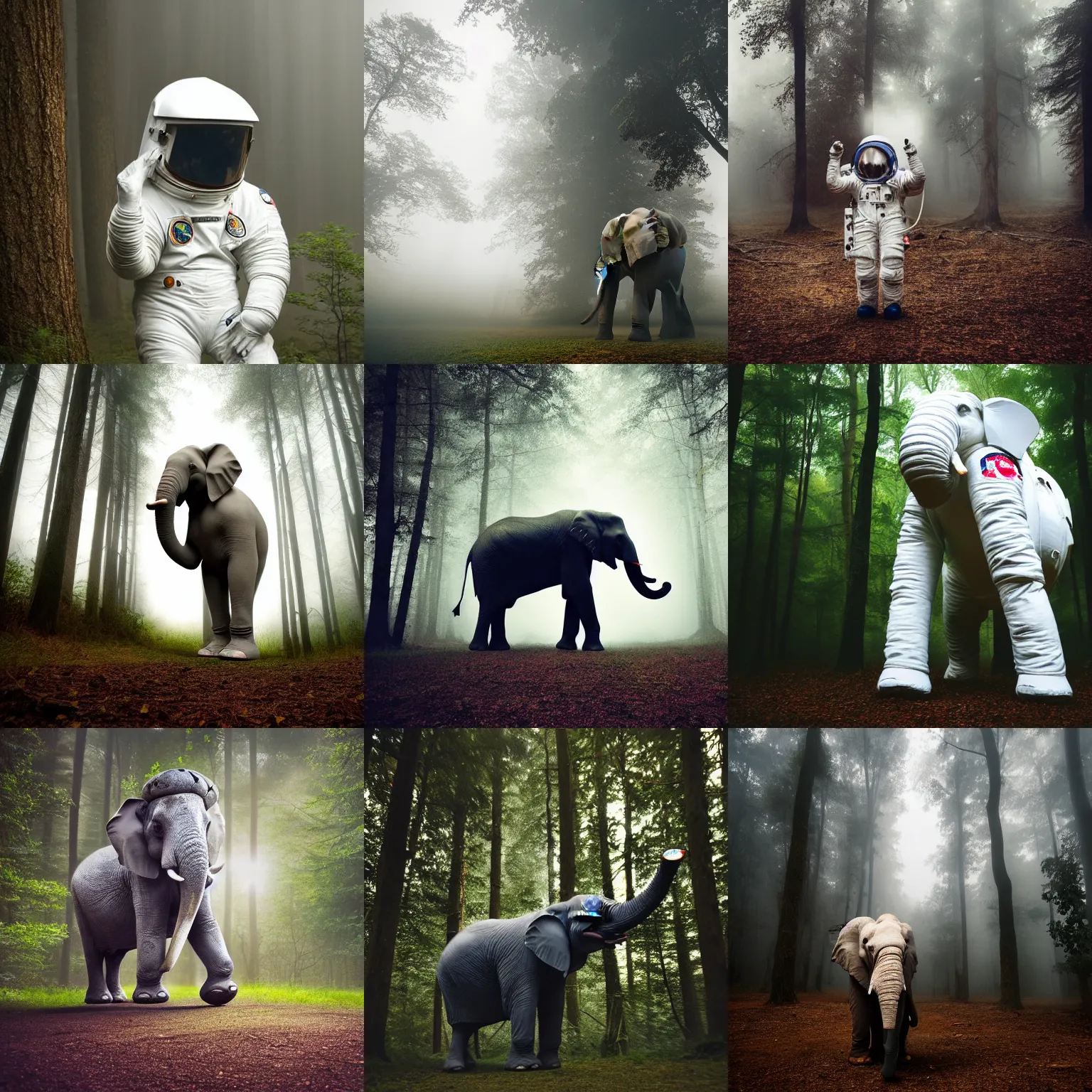 Prompt: giant elephant wearing white spacesuit with oversized helmet as astronaut animal, in the woods, foggy mood, overcast bokeh, macro shot - c 1 2