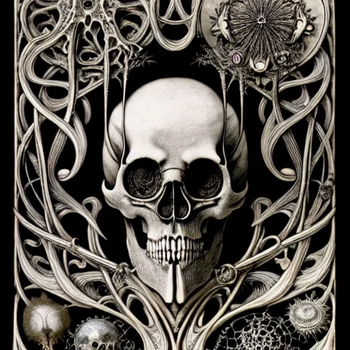 Image similar to art forms of nature by ernst haeckel, memento mori by arthur rackham, ornate antique porcelain beautiful skull mask, ultrasharp, photorealistic, hyperdetailed, octane render, polished, art nouveau, neo - gothic, gothic, intricate ornamental organic filigree, art nouveau botanicals, art forms of nature by ernst haeckel, horizontal symmetry, symbolist, visionary