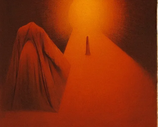 Prompt: by francis bacon, beksinski, mystical redscale photography evocative. devotion to the scarlet woman, priestess in a conical hat, vision quest, insight, divine presence