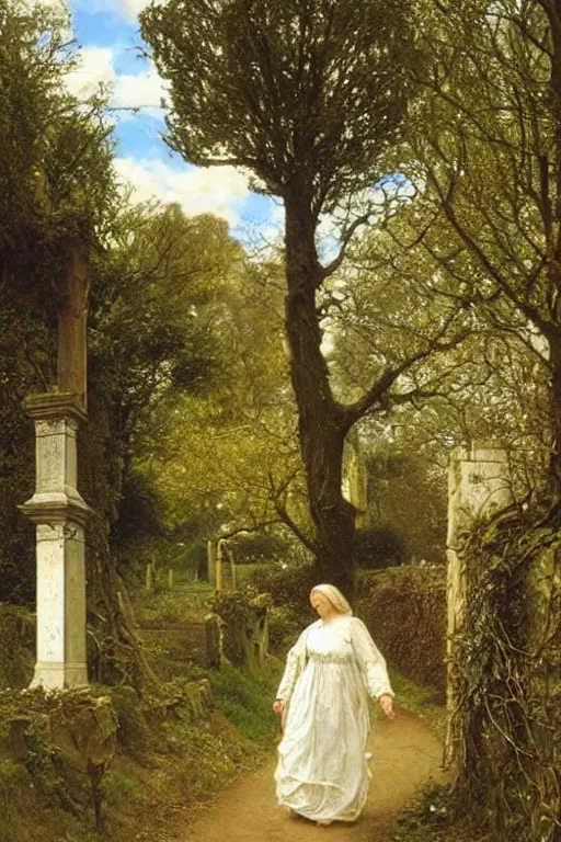 Prompt: a giant sketet in a magnificent dress walks along a cemetery along a path near a church in Manchester england, overgrown, weeds and ivy on the graves, an old twisted tree, a high stone wall, lawrence alma-tadema