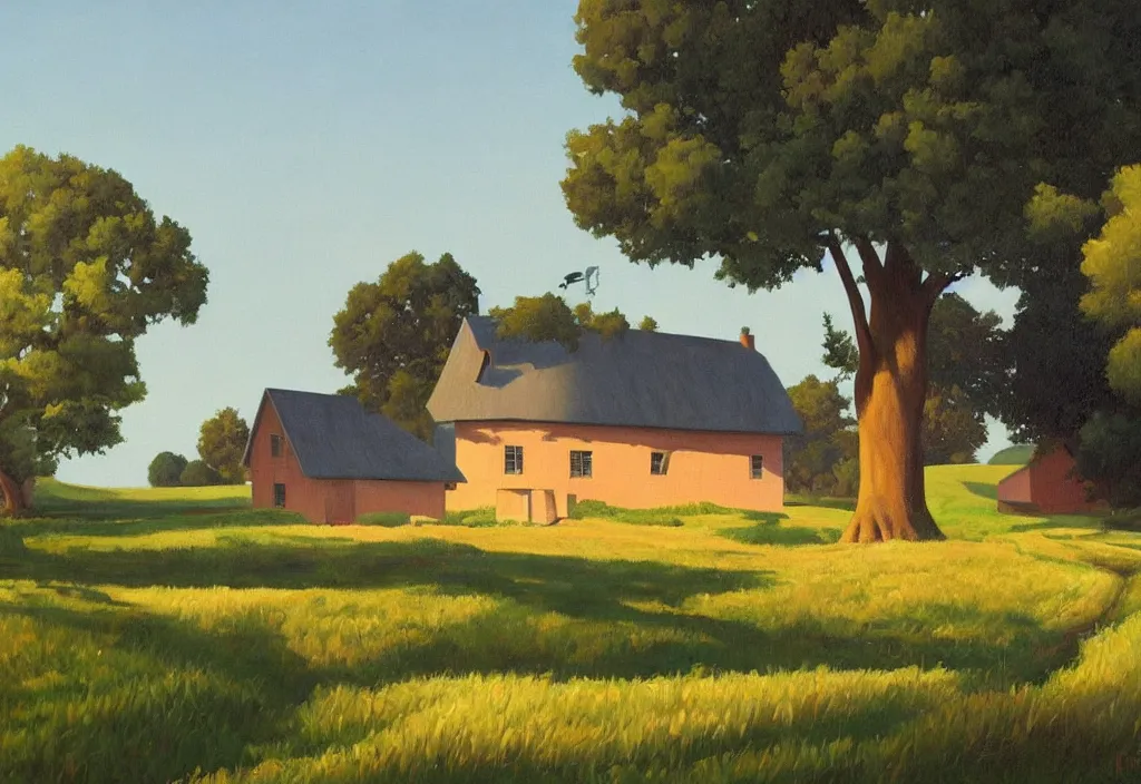 Image similar to a landscape painting of an old farm house in the countryside, summer, painting by kenton nelson, early morning light, puffy couds