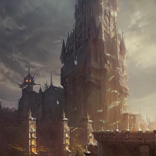 Prompt: dread tower - evil citadel. volumetric lighting, spring afternoon, overcast weather, realistic illustration, perfectly shaded, soft painting, art by krenz cushart and wenjun lin