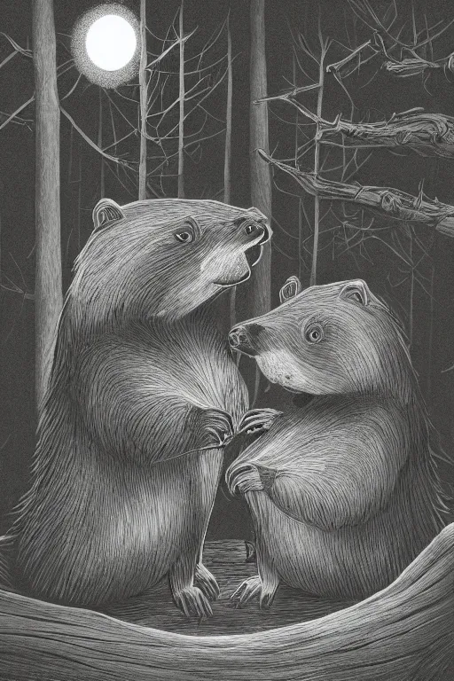 Prompt: an illustration of two evil beavers sitting next to a campfire in a dark forest at night, epid, digital drawing, beautiful, highly detailed, cinematic style, poster