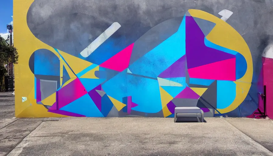 Prompt: stray dog sleeping under graffiti 3 d street art depicting vibrant abstract geometry in the style of odeith