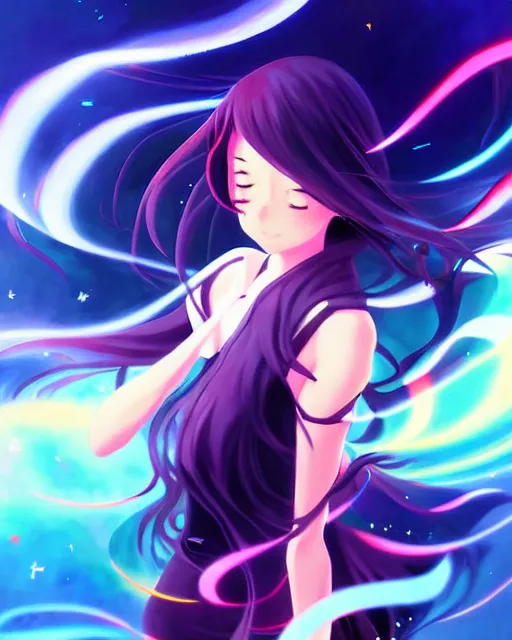 Image similar to anime style, vivid, expressive, full body, 4 k, painting, a cute magical girl with a long wavy black hair, stunning, realistic light and shadow effects, centered, simple background, studio ghibly makoto shinkai yuji yamaguchi