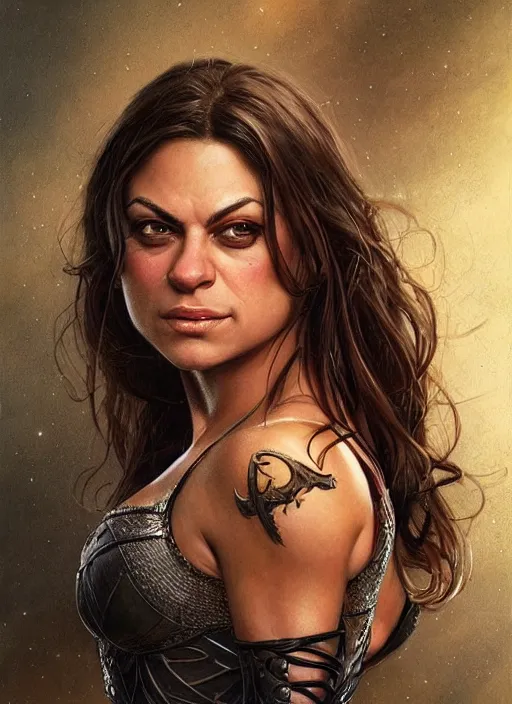 Image similar to muscled Mila Kunis grinning as a ruggedly handsome heroine, intricate, elegant, highly detailed, centered, artstation, concept art, smooth, sharp focus, illustration, bokeh art by artgerm and donato giancola and Joseph Christian Leyendecker, WLOP