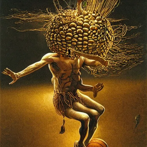 Image similar to corn man playing basketball, by zdzislaw beksinski and ernst haeckel