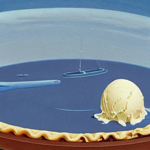 Prompt: a scoop of vanilla ice cream, on a slice of pie. melting, blue background, chesley bonestell, vincent di fate