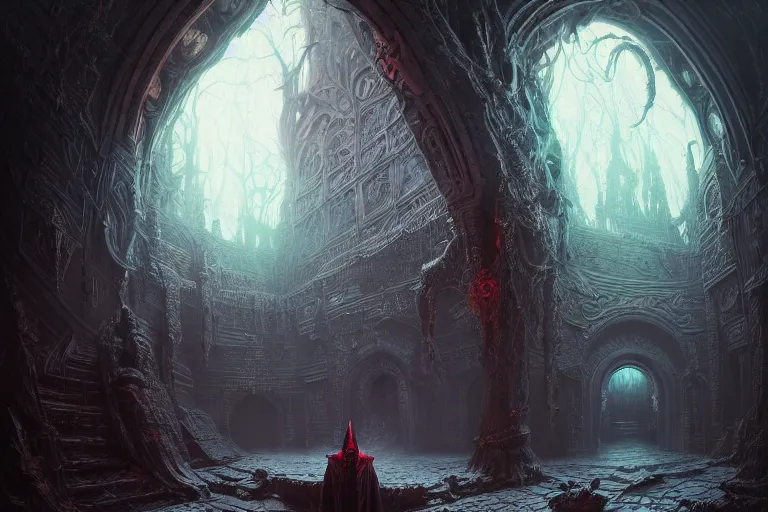 Prompt: center view of extremely detailed intricate concept art of hooded necromancer in front of a lovecraft portal, wide - angle portrait photography, by android jones and greg rutkowski, synthwave color scheme, cinematic lighting, dark vibes, trending on artstation, beautiful composition, intricate, elegant, pro photography by, highly detailed, gaston bussiere, craig mullins