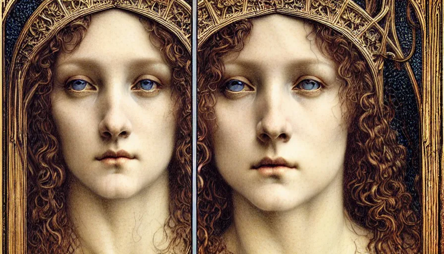 Image similar to detailed realistic beautiful young medieval queen face portrait by jean delville, gustave dore and marco mazzoni, art nouveau, symbolist, visionary, gothic, pre - raphaelite. horizontal symmetry