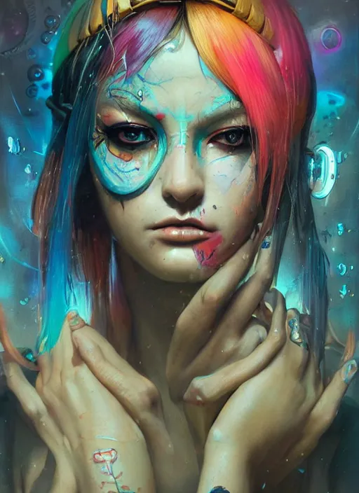 Image similar to beautiful portrait of Lofi cyberpunk Nami, by Tristan Eaton, Stanley Artgermm, Tom Bagshaw, Greg Rutkowski, Carne Griffiths. trending on DeviantArt, face enhance, hyper detailed, trending on Artstation, 8k, masterpiece, graffiti paint, fine detail, full of color, intricate detail, golden ratio illustration